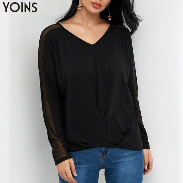 Casual Loose Solid Black Blouse Shirts Women Spring Autumn Sexy V-neck Long Sleeves Round Neck Pullover Chiffon Top Blusas