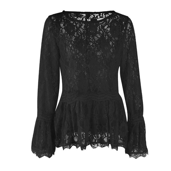 Elegant Lace Blusas Women Tops Autumn Office Ladies Solid Blouses Shirts Nipped Waist Hollow Out Flare Sleeve Sexy Tops WS9852W