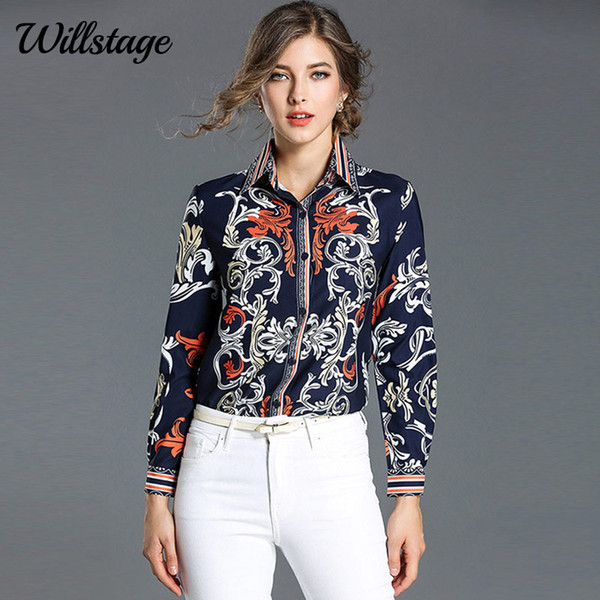 Willstage Pattern Blouse Women Long sleeve Floral Striped Printed Shirts Colorful Elegant Office ladies OL work wear Spring Tops