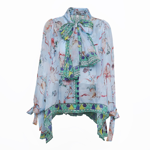 Hot Selling Summer Women Print Beach Blouse Unique Angel Printed Lantern Sleeve Bow Loose Chiffon Shirt Runway Shirts Tops