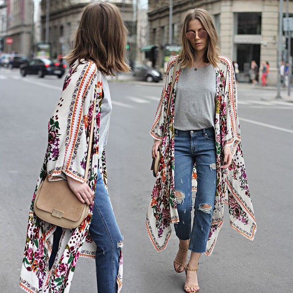 Women Boho Beach Pretty Floral Print Loose Shawl Kimono Cardigan Long Top Femme Hipster tumblr cappa Blouse Plus Size