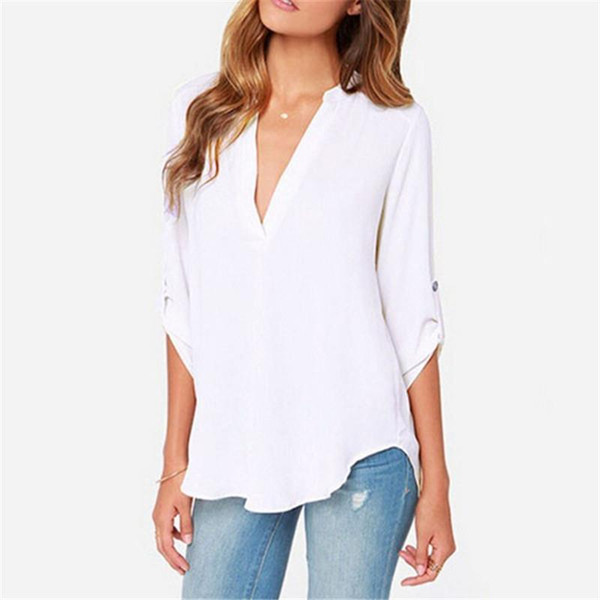 Women Long Sleeve Chiffon V Neck T Shirt Autumn Sexy Casual Tops Womens Plus Size Tee Solid Color Business Tops.