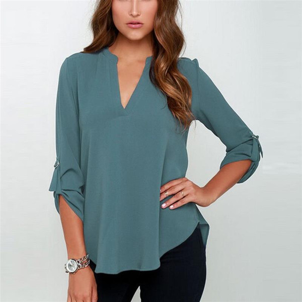 Fashion Women Chiffon Blouses V Neck T Shirt Autumn Sexy Work Casual Tops Womens Plus Size Tee Solid Clothing Wholesale