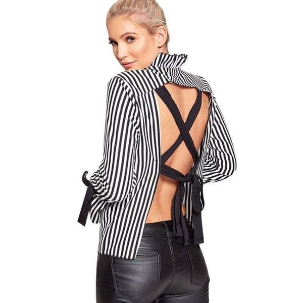 Women Lace-Up Flare Long Sleeve Stripe Shirt Bowknot Ladies Backless Loose Eye-Catching Sexy Summer Blouse Tops Fashion Top Z4