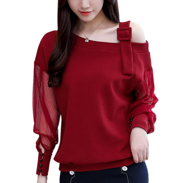 New Autumn Women Sexy Lace Splicing Blouse Solid Color Blouse Skew Collar Hollow Out Long Sleeves Shirt Tops Female