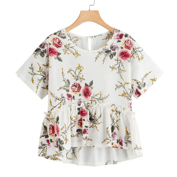 Feitong Women Ladies Blouses Women's Fashion Floral Print Ruffle Hem Ruched Short Sleeve Chiffon Top O Neck Blouse blusas mujer