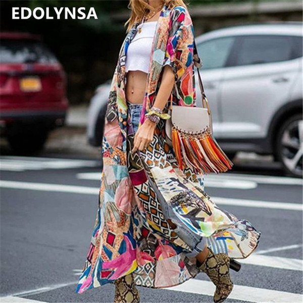 Bohemian Printed Half Sleeve Summer Beach Wear Long Kimono Cardigan Cotton Tunic Women Tops Blouse Shirt Sarong plage N796