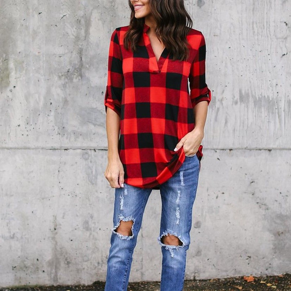 Blouses Women Plaid Shirt V-neck Shirt Women Black and Red Ladie Top Chemise Cotton Plaid Women Tops Casual Blouse Shirt