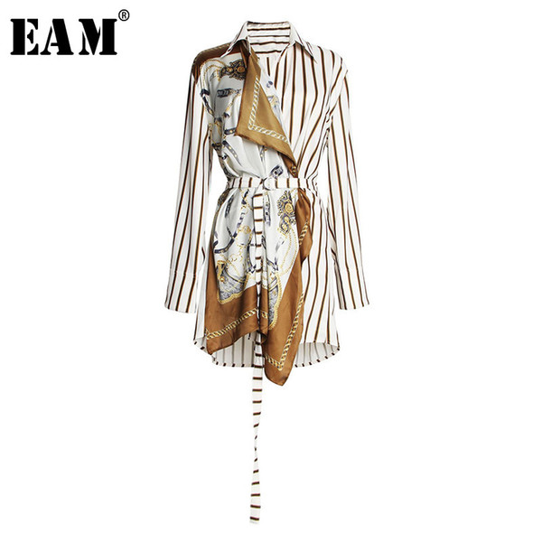 [EAM] 2019 New Spring Summer Lapel Long Sleeve Striped Pattern Printed Irregular Stitch Loose Shirt Women Blouse Fashion JS565