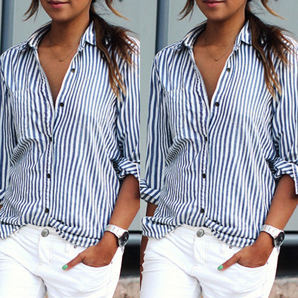 Striped Button Casual Women Tops and Blouses Spring Fashion Long Sleeve Turn Down Collar Shirt Vintage OL Tops Female