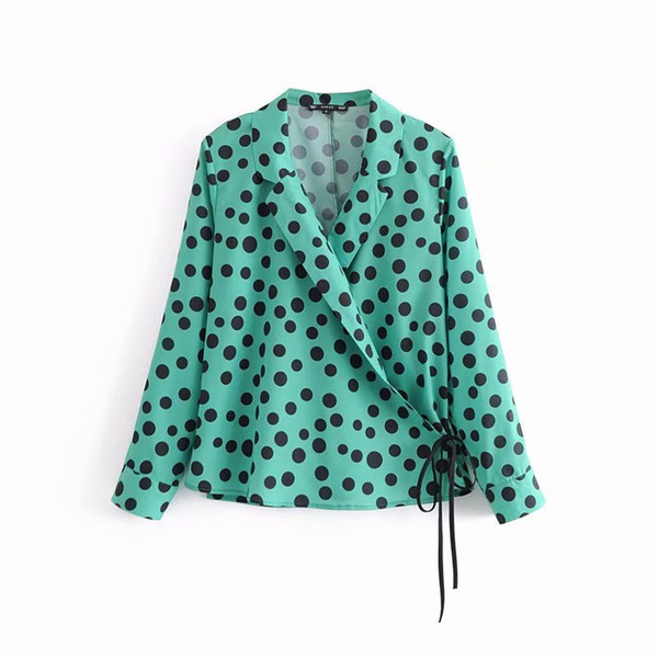 CS920 Vintage Polka Dot Print Notched Neck Crossed Side Bow Knot Blouse Women Retro Long Sleeve Shirts Tops