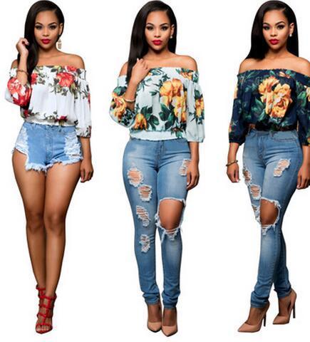 2019 Summer New Women crop tops Sexy Slash Neck Embroidered Floral Off Shoulder Blouse Tops S-XL 3 colors