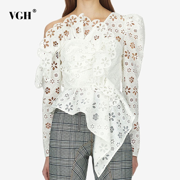 VGH Spring Sexy Off Shoulder Long Sleeve Shirt Skew Collar Solid Hollow Lrregular Slim Hem Women Fashion Clothing 2019 New Tide