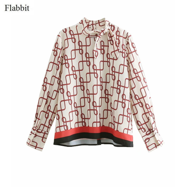 Flabbit women vintage bowknot print casual smock shirt retro stand collar bow blouses back buttons femininas chemise tops LX0534