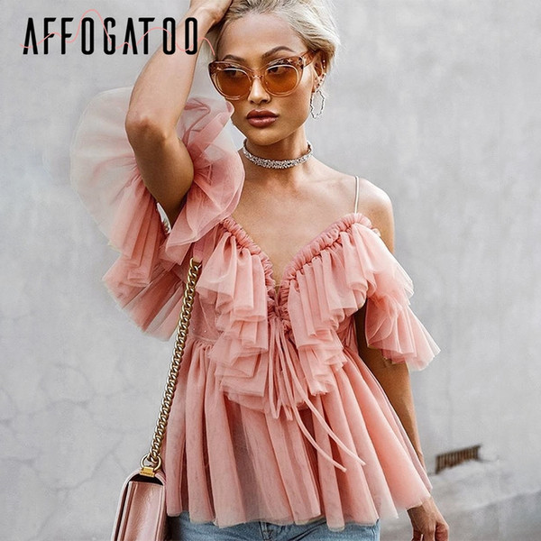 Affogatoo Sexy deep v neck backless vintage women summer blouse Elegant ruffle off shoulder shirt tops female Mesh blouse blusas