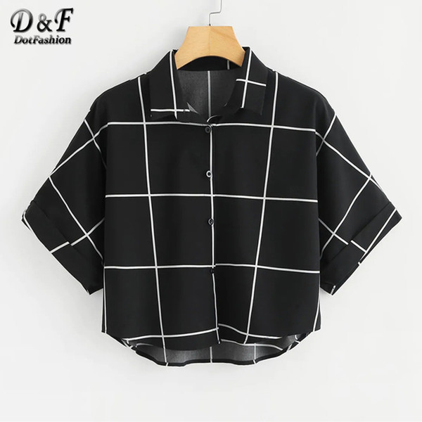 Dotfashion Black And White Cuffed Sleeve Grid Shirt Summer Casual Batwing Sleeve Placket Clothing Womens Tops And Blouses