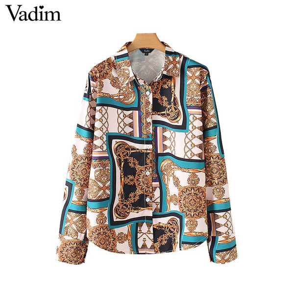 Vadim women chic chains print blouse long sleeve turn down collar female casual shirt vintage basic loose tops blusas LA911