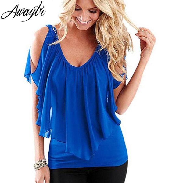 AWAYTR New Ruffles Women Tops Fashion 2018 Womens Summer Chiffon Blouse Plus Size 3XL Batwing Short Sleeve Casual Shirt