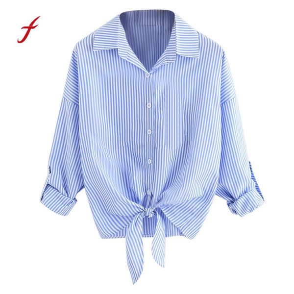 feitong New Arrival Spring Autumn Womens Tops and Blouses Casual Turn-Down Collar Chiffon Shirt Striped Blouse Long Sleeve Tees