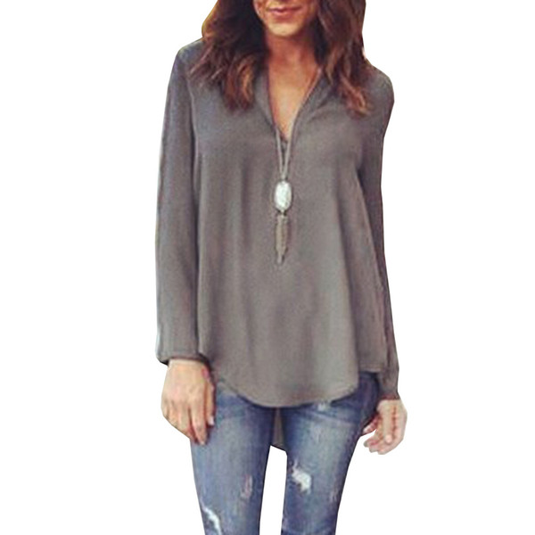 V-neck Long Sleeves Large Size Loose Shirt Autumn And Winter Women's Fashion Shirt Solid Color V-neck Long-sleeved