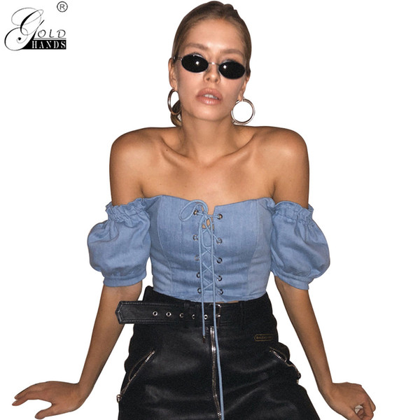 Gold Hands Fashion Denim Lace Up Blouse Puff Sleeve Bandage Womens Tops Shirts Summer Sexy Slash Neck Blouses Woman