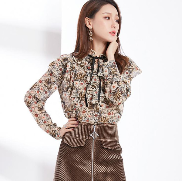 Women Chiffon Shirts 2019 Retro Deisgn Small Floral Ruffled Straps Small Stand Collar Slim Long Sleeve Blouse