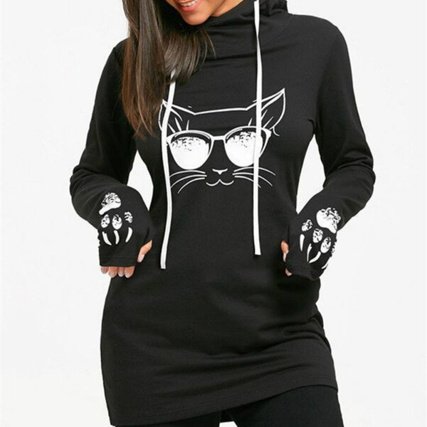 Autumn Fashion Women Cat Printed Hoodie Sweatshirts Casual Long Loose Hoody Tops Pullover Sweatshirt Femme