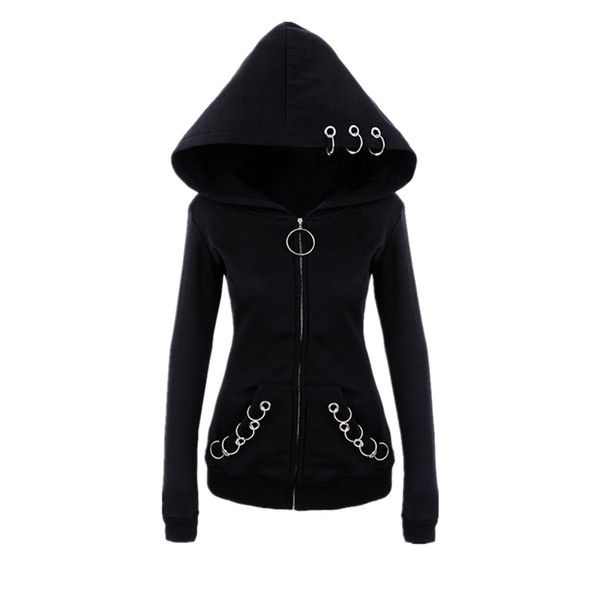 Women punk style autumn winter black fleece hoodie sweatshirt iron rings zipper hooded cool dark gothic hoodies