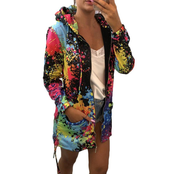 Hoodies Women Autumn Long Sleeve Graffiti Oil Paint Printed Hooded Long Fleece Sweatshirt Clothes Zip Fashion Zip-up Coat Women