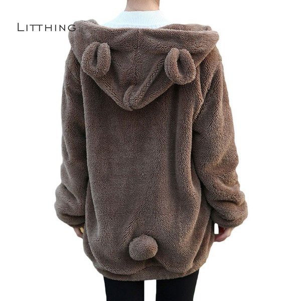 LITTHING Women Hoodies Zipper Girl Winter Loose Fluffy Bear Ear Hoodie Hooded Jacket Warm Outerwear Coat Cute Sweatshirts