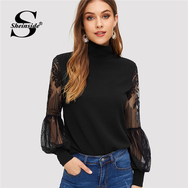 Sheinside Black Turtleneck Sweatshirt Female Long Sleeve Top Contrast Lace Lantern Sleeve Women Pullover Elegant Sweatshirts