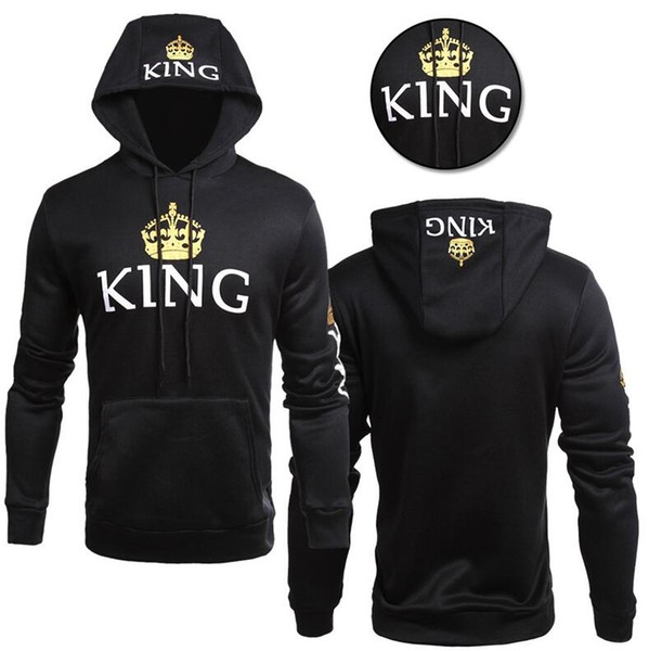 Women men pullover hoodies sweatshirts long sleeve for couple KING QUEEN with tie pocket black lady thin fleece hoodies