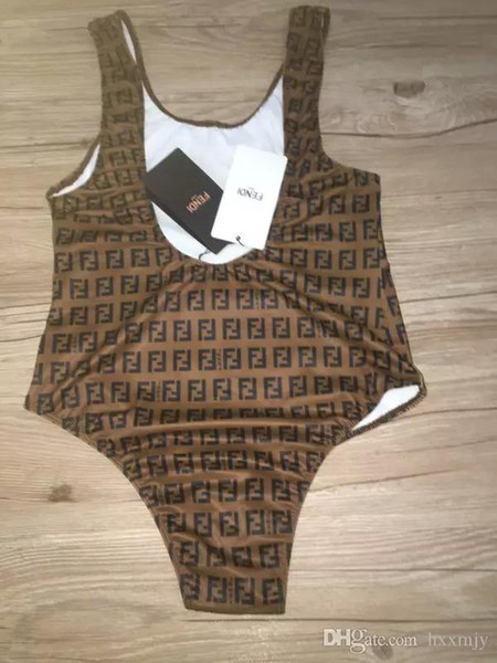 2019 summer sports women's sportswear classic retro old flower F letter logo Slim one-piece brown swimsuit