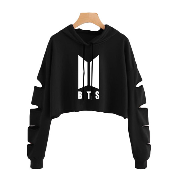 New Korean Kawaii Harajuku Clothes Holes Sleeve Crop Top Hoodie Kpop Bangtan EXO Women Cropped Hoodie Sweatshirts Pullovers Tops