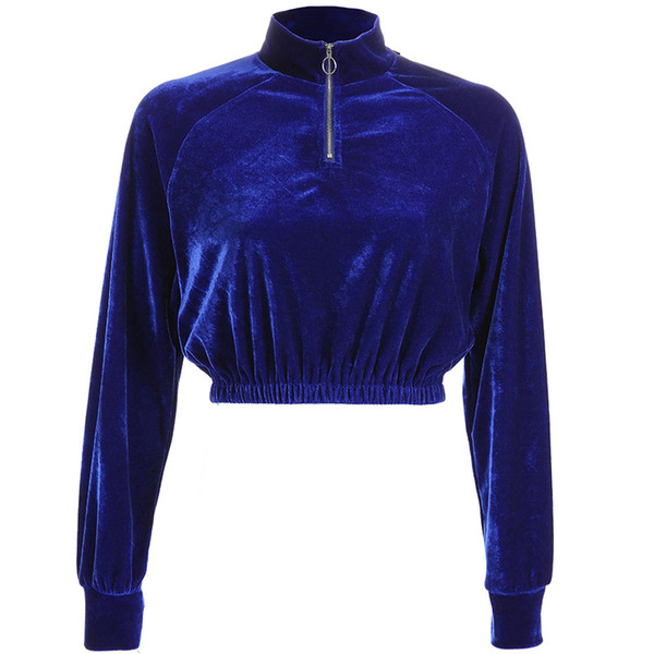 Pholeey New Winter Warm Ladies Neckline Zipper Short Hoodies Bodycon Velvet Hipster Style Blue Sweatshirts Pullovers Women