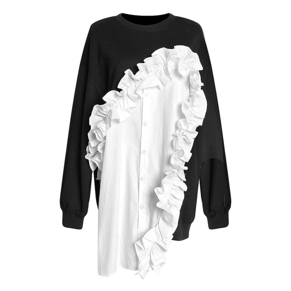 Patchwork Ruffle Women's Sweatshirt Long Sleeve Hit Colors Pullover Tops O-Neck Female Spring Summer Fashion Hoodies