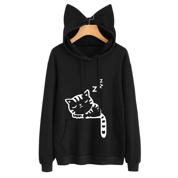 New Women Casual Hoodies Sweatshirt Long Sleeve Hoody Cat Cute Ears Printed Hoodies Tracksuit outerwear Sweatshirt