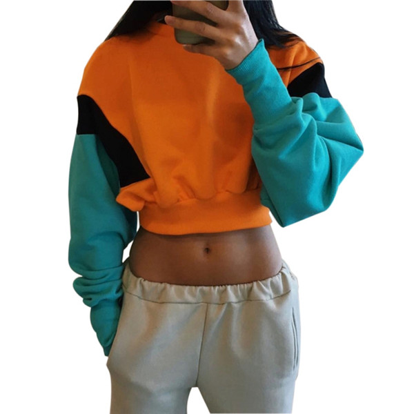 Color Blocks Sweatshirts Women Hoodie Crop Tops Solid Yellow Long Sleeve Cropped Sweatshirt Hooded Pullover Tolstovka