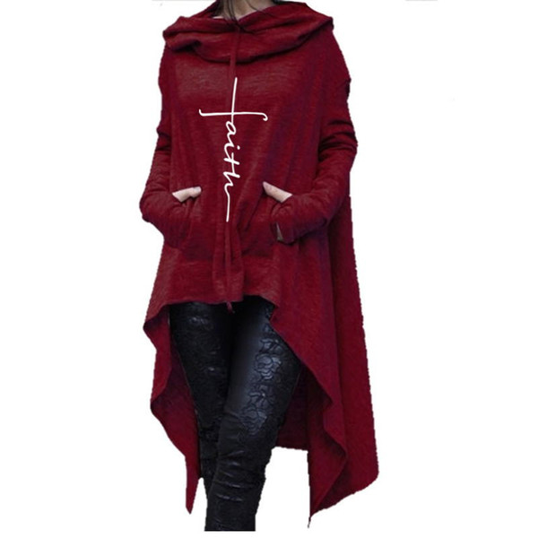 New Faith Letter Embroidered Long Hoodies Women Long Sleeve Irregular Hem Pocket Sweatshirt Female Plus Size Pullover Tops