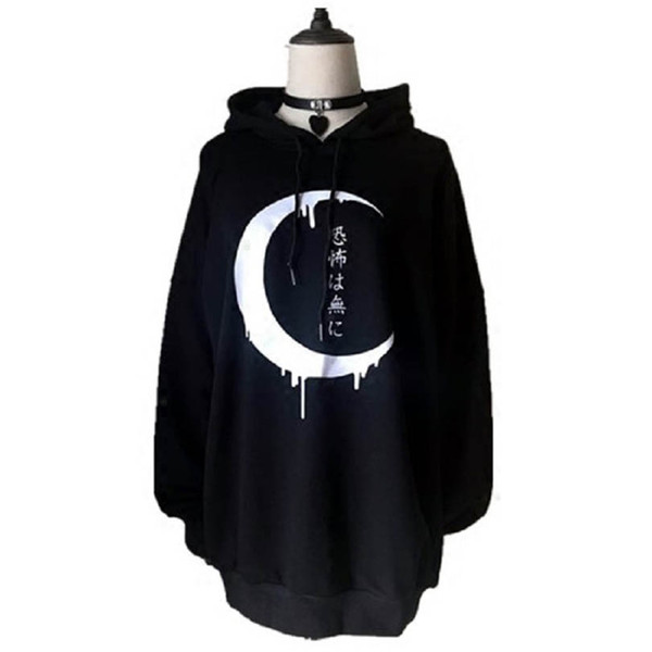 Women Punk Hoodies Long Sleeve Japanese Harajuku Moon Print Pullover Loose Hoody Black Gothic Hooded Sweatshirts