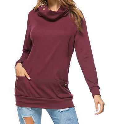 Women New Solid Color Hoodies Fashion Ladies Long Sleeve High Collar Pocket Button Decorative Pullover Sweater Female