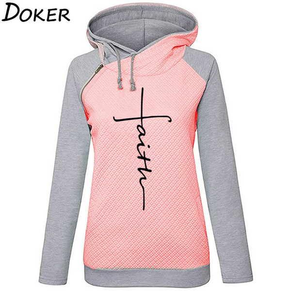 Autumn Long Sleeve Patchwork Hoodies Women Letters Faith Embroidered Pocket Sweatshirts Winter Female Fleece Warm Pullover Tops