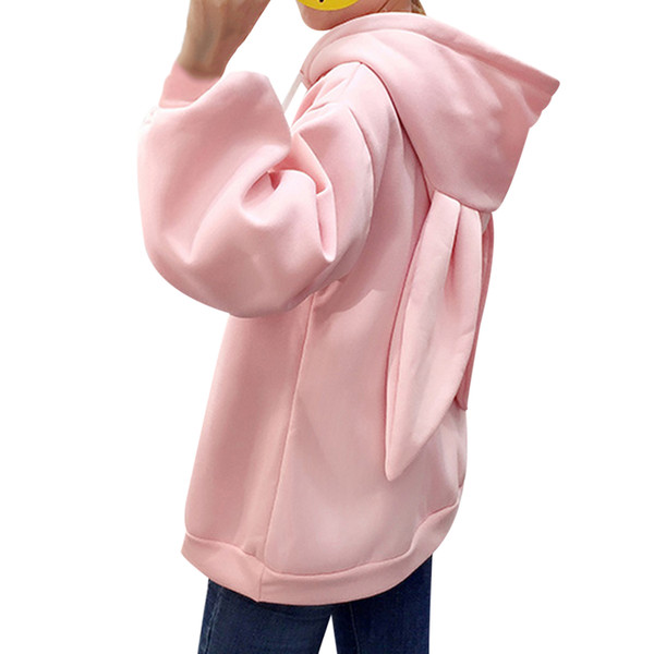 Kawaii Sweet Rabbit Ears Hooded Sweatshirt Women Embroidery Pink Hoodies Loose Loose Long Sleeve Tracksuits Pullovers Moletom