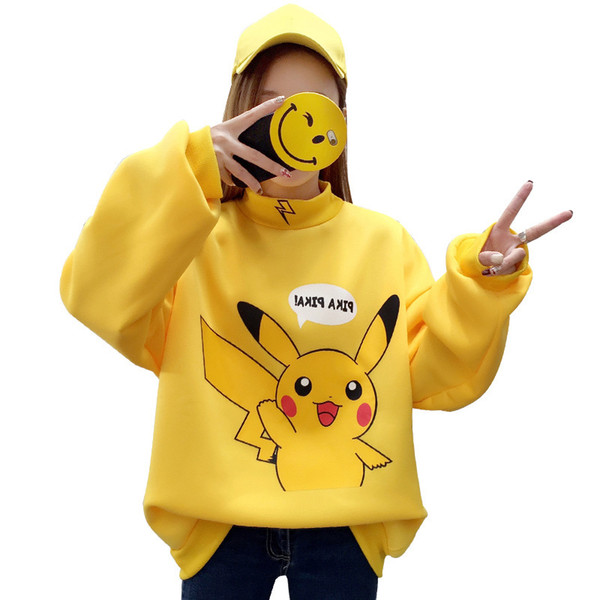 201 Autumn Women Hoodies Turtleneck Pikachu Print Sweatshirts Harajuku Fashion Kawaii Tops Cartoon Couples Pullovers