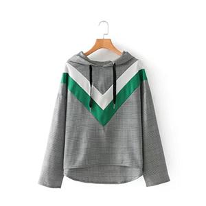 JuneLove 2018 spring women casual long regular sleeve hoody fashion hooded female gray sweatshirt geometric splice hoody