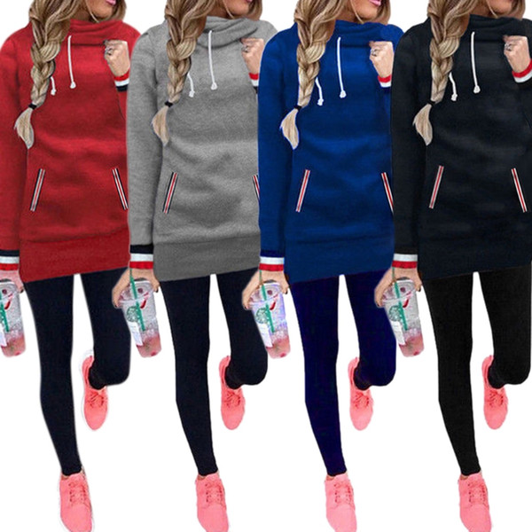 Autumn Winter New Fashion Casual Women Long Sleeve Funnel Neck Drawstring Stripe Long Pullover Hoodie Sweatshirt