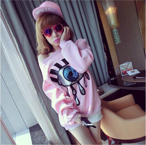 Wholesale-EAST KNITTING CC111 New Fashion Women Blue Big Eyes Printed With Sequins Pink Sweatshirt Women Clothing 