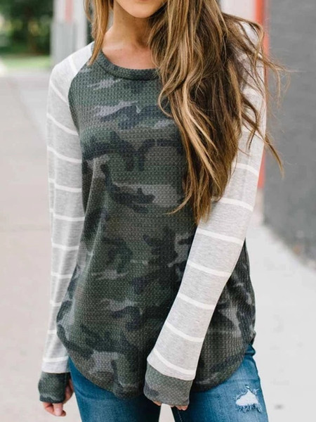 Maikun Brand New Women Fashion Casual Loose Panel Camouflage Striped Printed Long Sleeve Top 5 Sizes