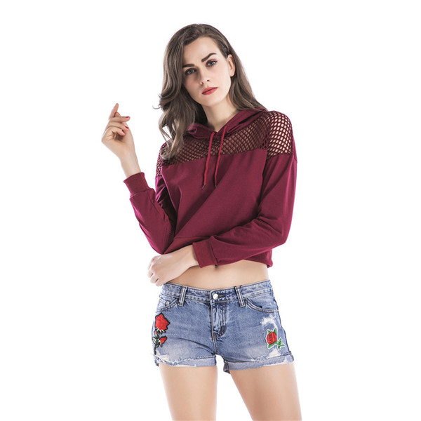 Maikun Brand New Fashion Long Sleeve Yarn Mesh Hoodies with hat Sexy Red Crop Top for Women