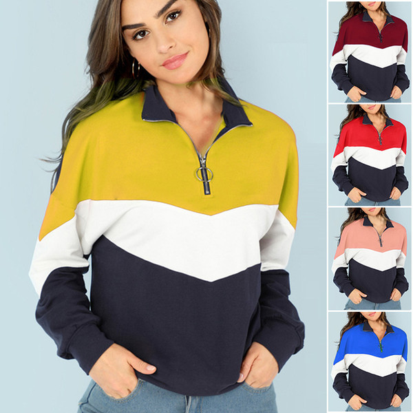 Hot Sale 2018 Fashion Linkay Pullover Tops Women Ladies Autumn Patchwork O-Ring Zippers Long Sleeve Hooded Splicing Shirt HY0228